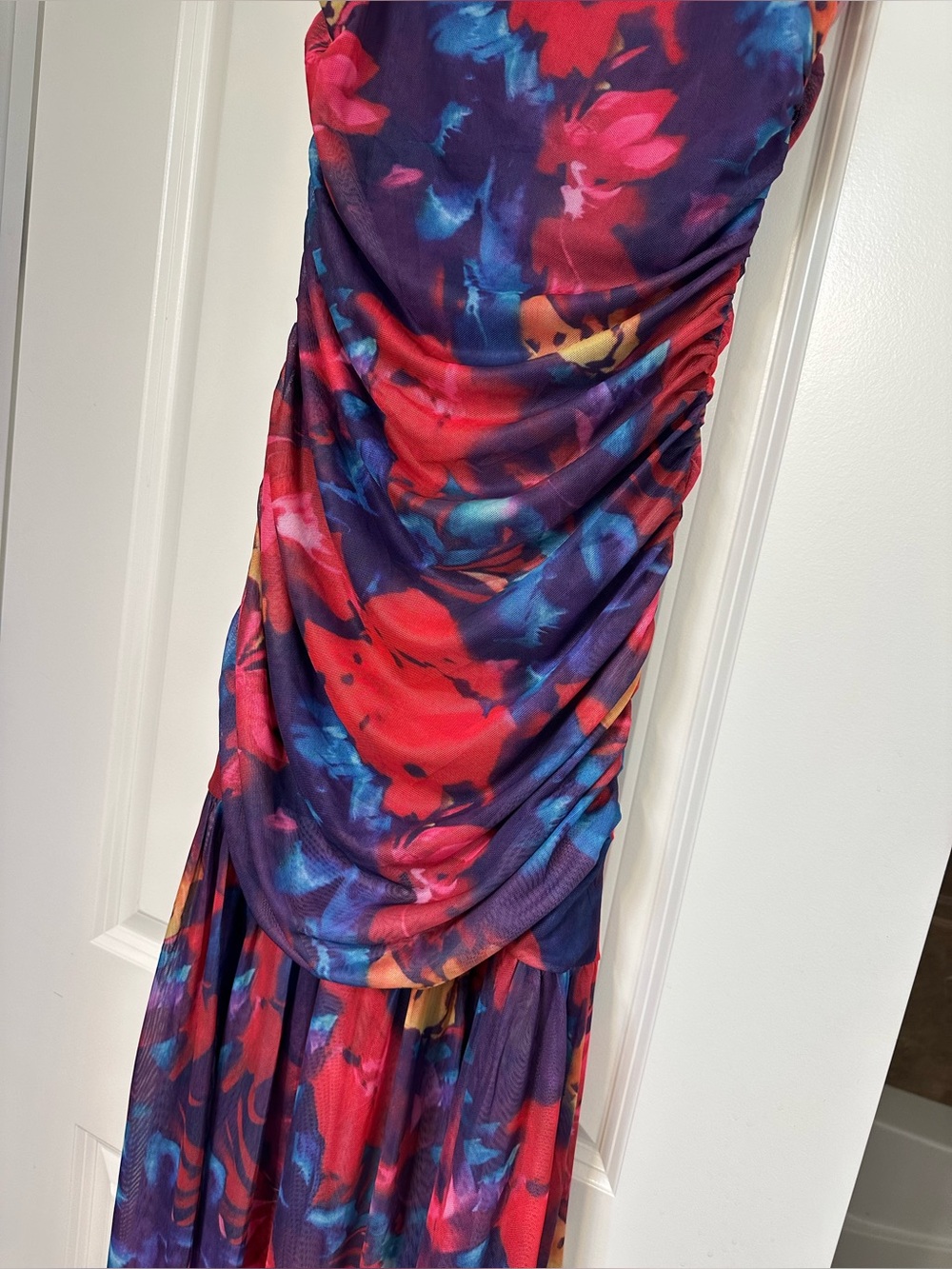 Amazon Pink Floral Mesh Maxi Dress with Blue Accents - Picture 3 of 13
